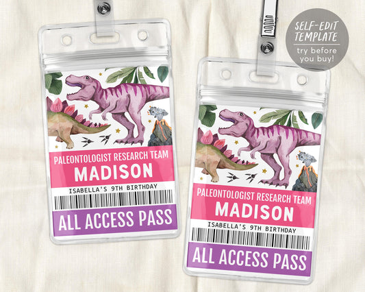 Dinosaur Party ID Badge VIP Pass Editable Template