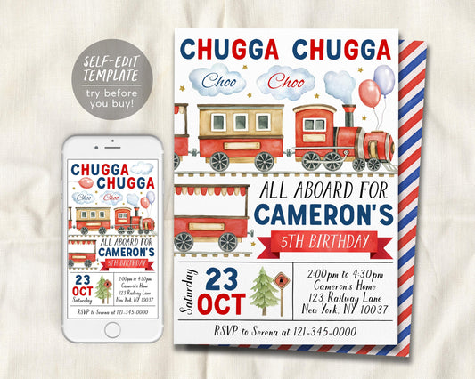 Train Birthday Invitation Editable Template