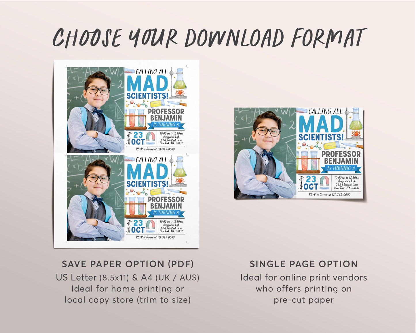 Science Birthday Invitation With Photo Editable Template, Boy Mad Scientists Party Invite, Kid Professor Experiment Science Lab Party Evite