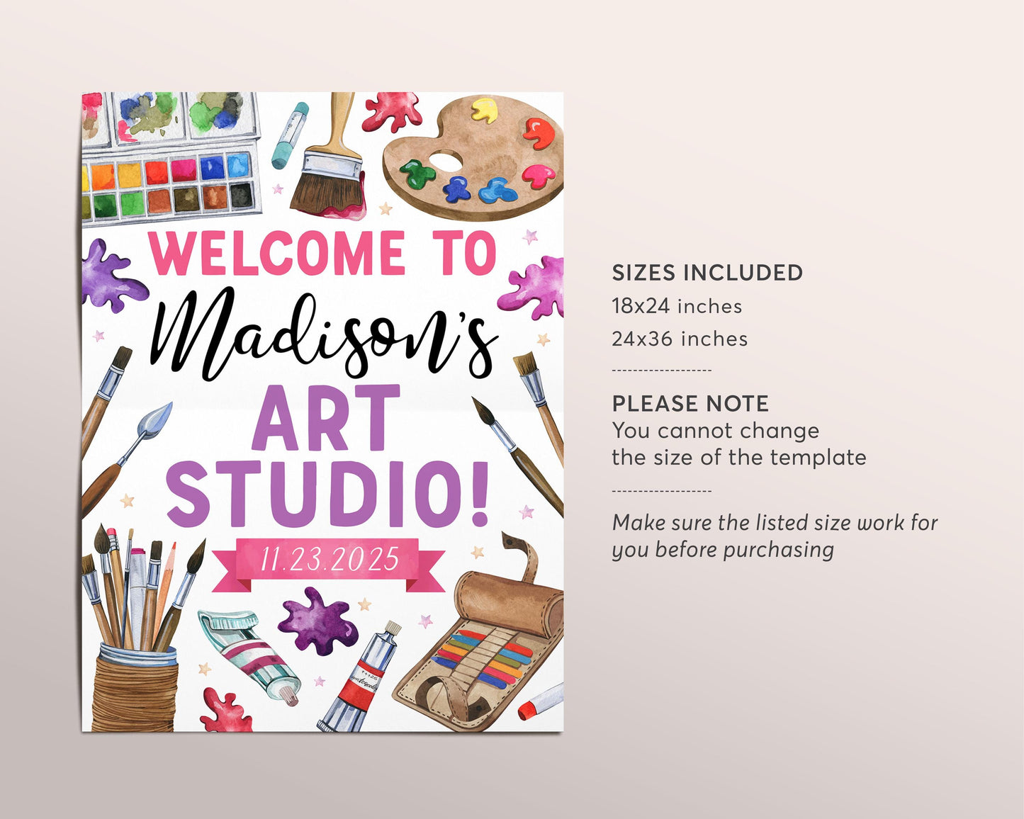 Art Birthday Welcome Sign Editable Template, Girl Lets Get Messy Painting Party Poster, Artist Paint Dress for a Mess Lets Create Banner