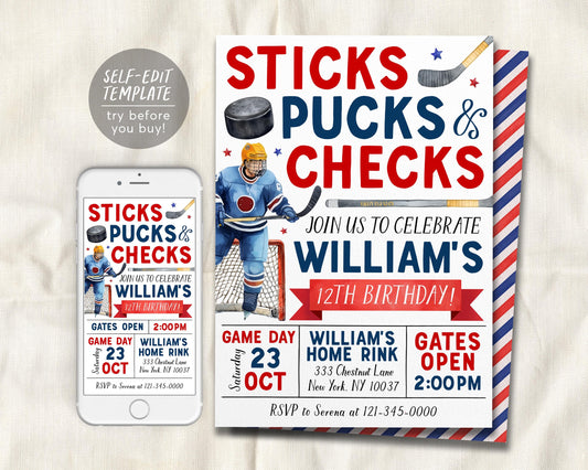 Ice Hockey Birthday Invitation Editable Template