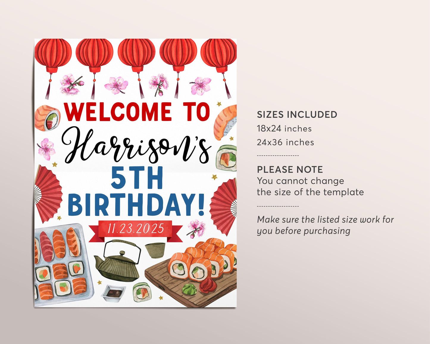 Sushi Birthday Welcome Sign Editable Template, Japanese Restaurant Hibachi Teppanyaki Dinner Party Poster, Japan Theme Asian Lanterns Decor