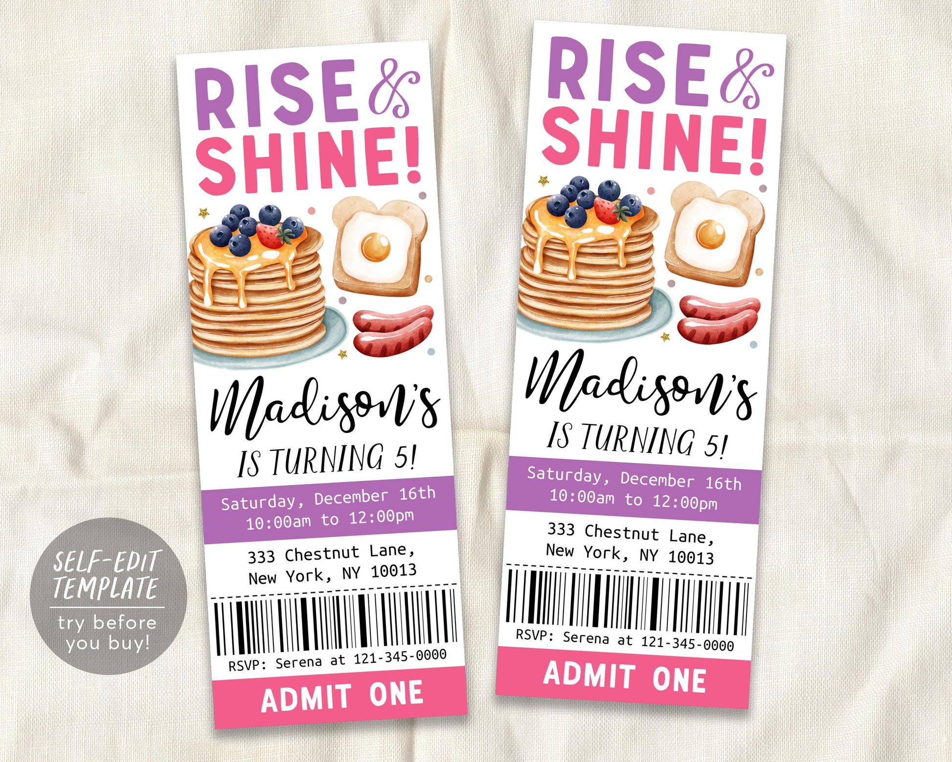 Breakfast Brunch Birthday Ticket Invitation Editable Template