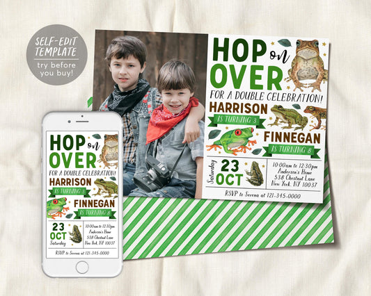 Frog Joint Siblings Birthday Invitation With Photo Editable Template