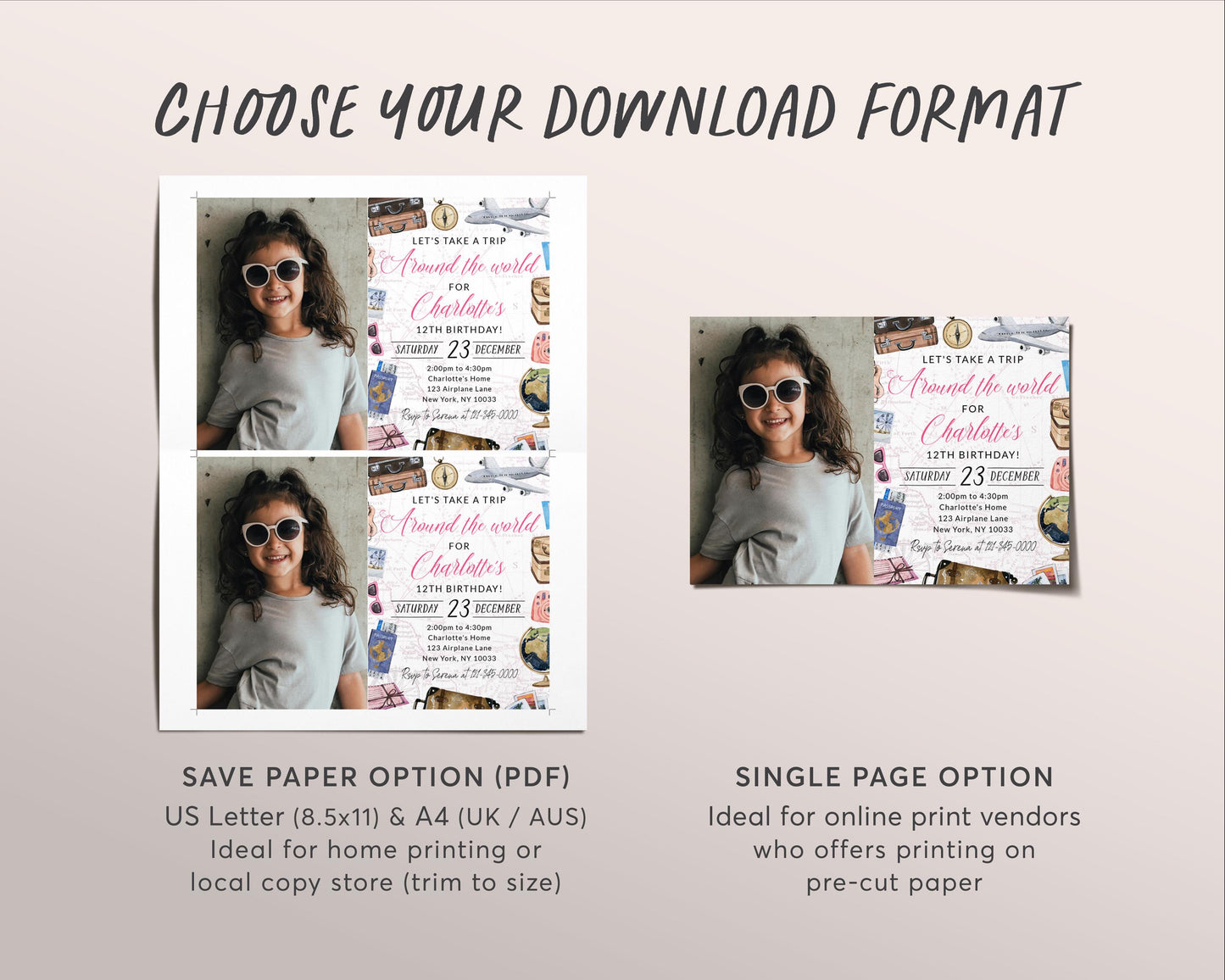 Around The World Birthday Invitation With Photo Editable Template, World Travel Party Invite, Adventure Awaits Vintage Map Airplane Evite