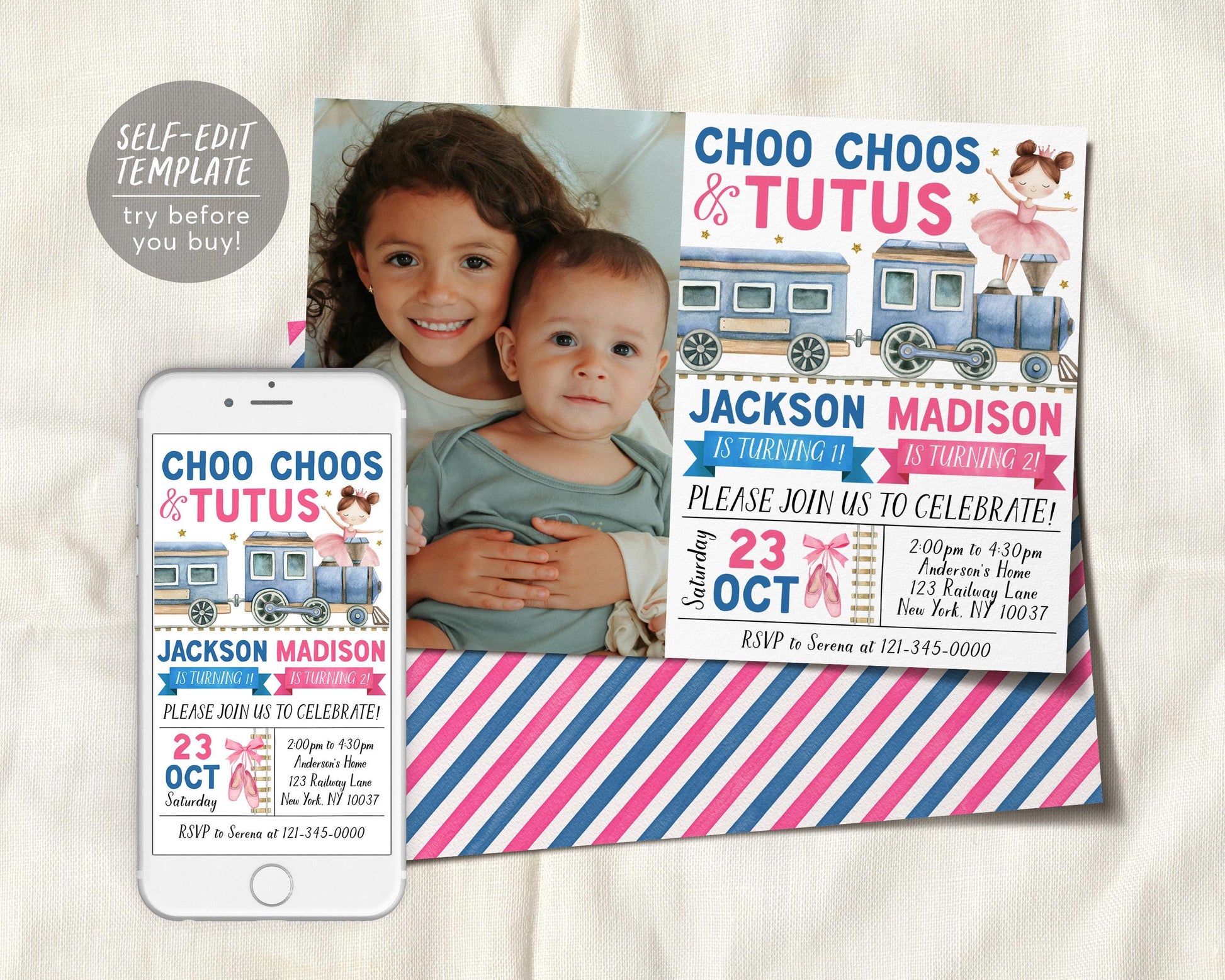 Choo Choos and Tutus Joint Siblings Birthday Invitation With Photo Editable Template