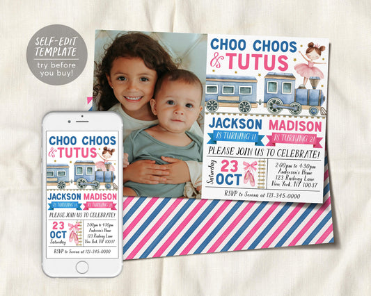 Choo Choos and Tutus Joint Siblings Birthday Invitation With Photo Editable Template