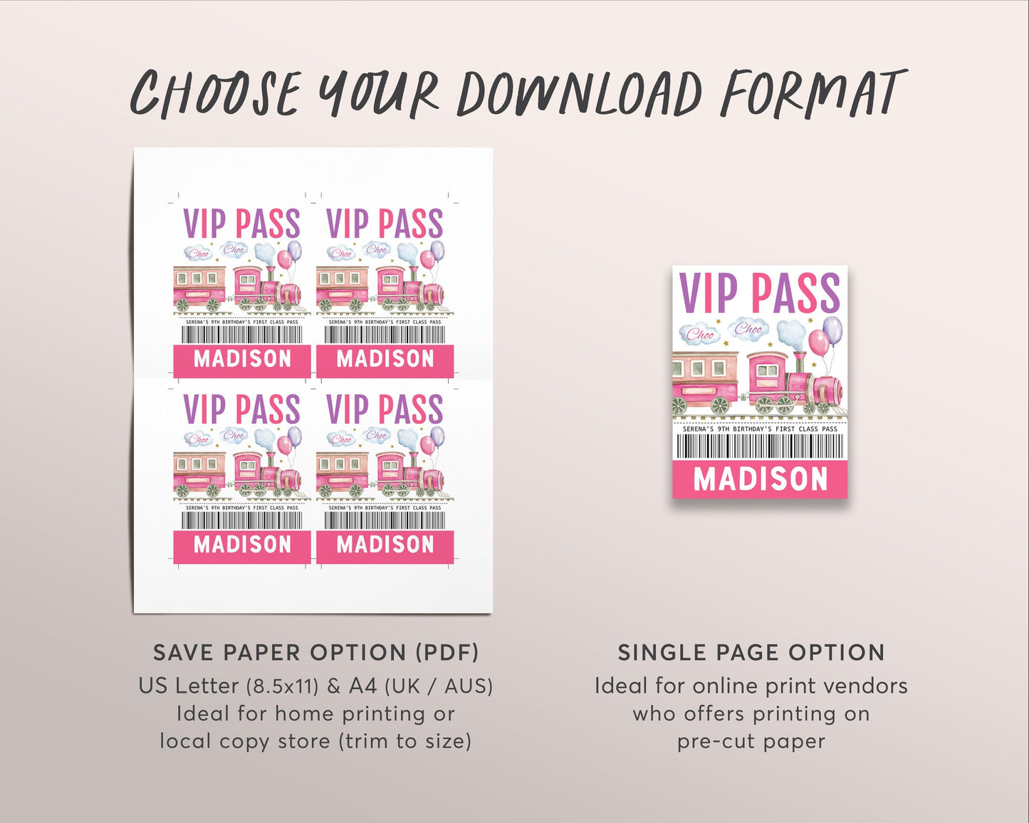 Train Birthday VIP Pass Editable Template, Girl Train Party Pit Crew Party, First Class All Access Guest Name Tag Insert ID Badge Lanyard