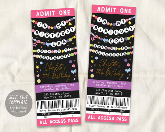 In My Birthday Era Ticket Invitation Editable Template