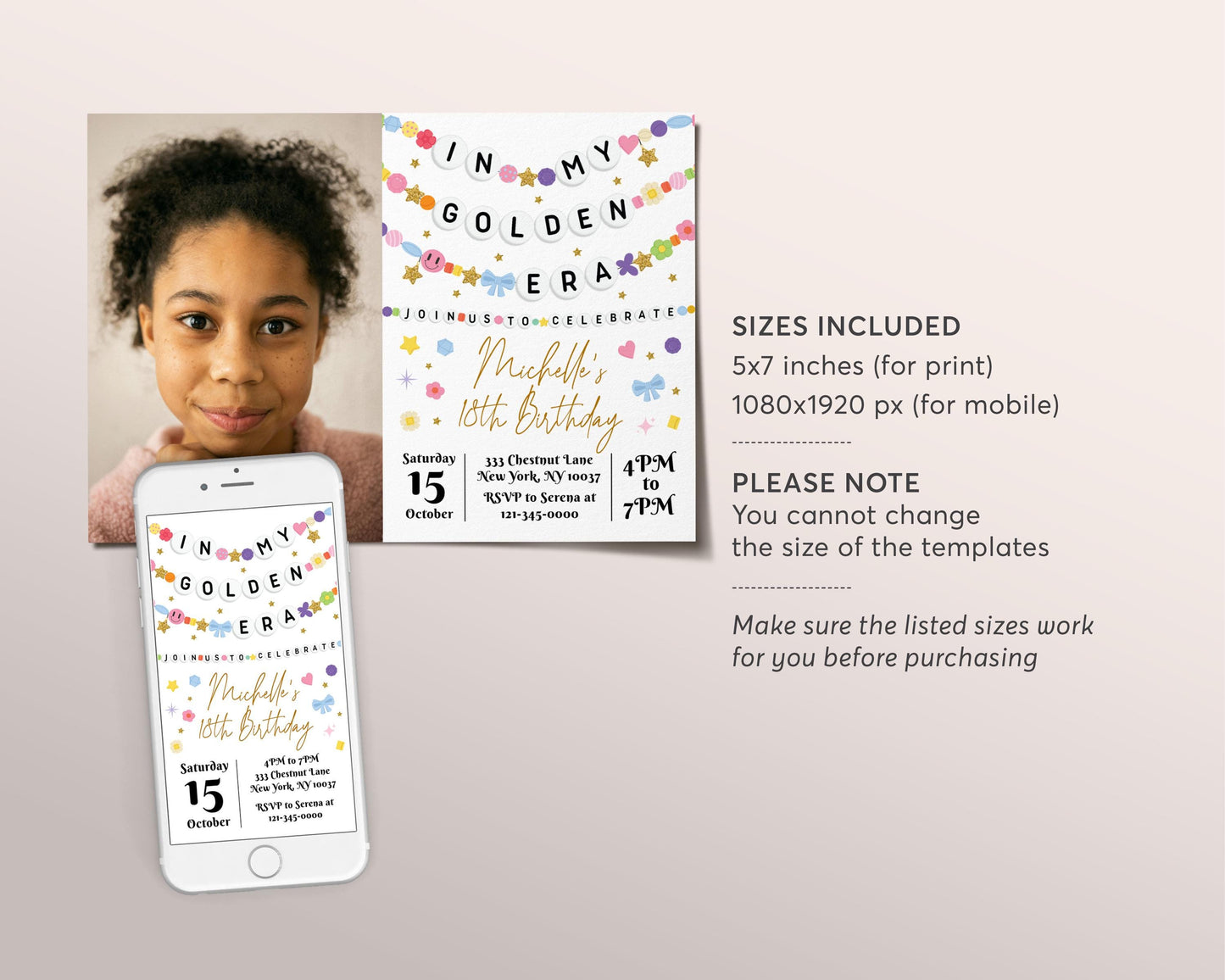 In My Golden Era Invitation With Photo Editable Template, Friendship Bracelet Party Invite, Teen Birthday Girl Eras Music Gold Party Evite
