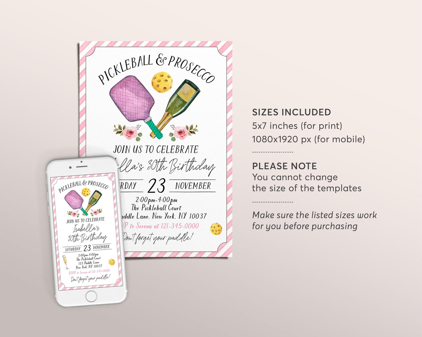 Pickleball and Prosecco Birthday Invitation Editable Template, Pink Adult Pickle Ball 30th 40th 50th Birthday Party Invite, Sport Evite