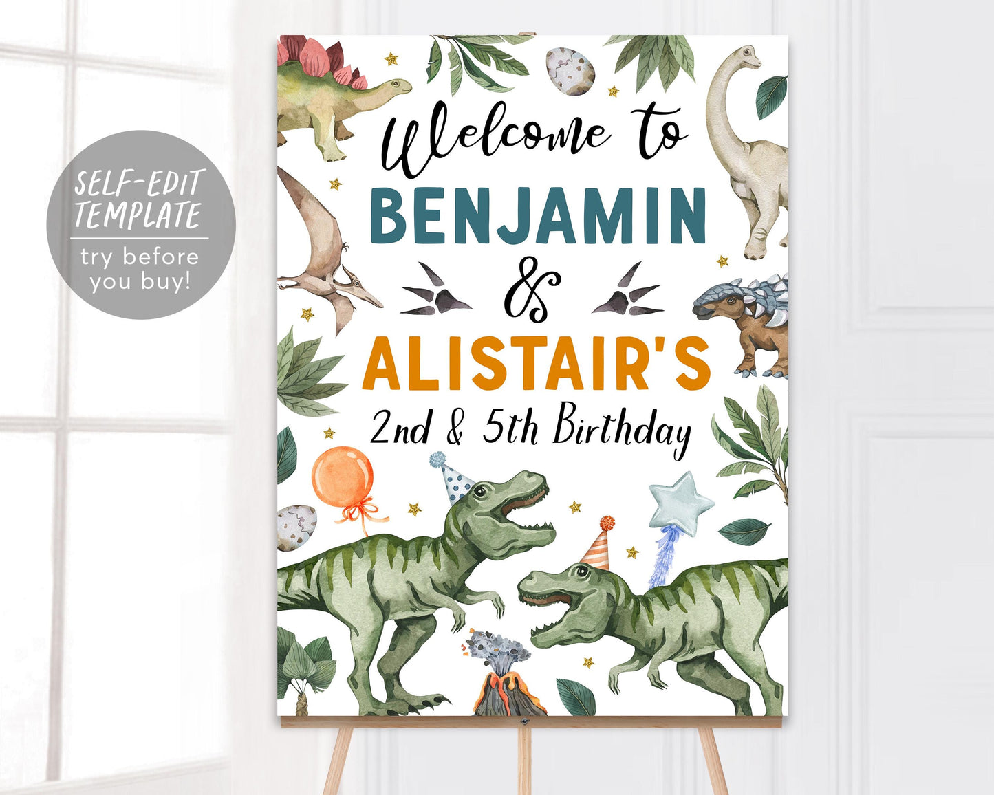 Siblings Dinosaur Joint Double Birthday Party Welcome Sign Editable Template