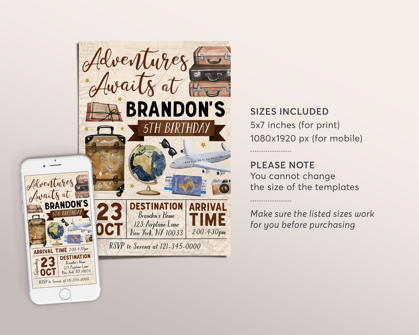 Adventure Awaits Travel Birthday Invitation Editable Template, Around the World Party Invite, Vintage Map Passport Plane Globe Luggage Evite