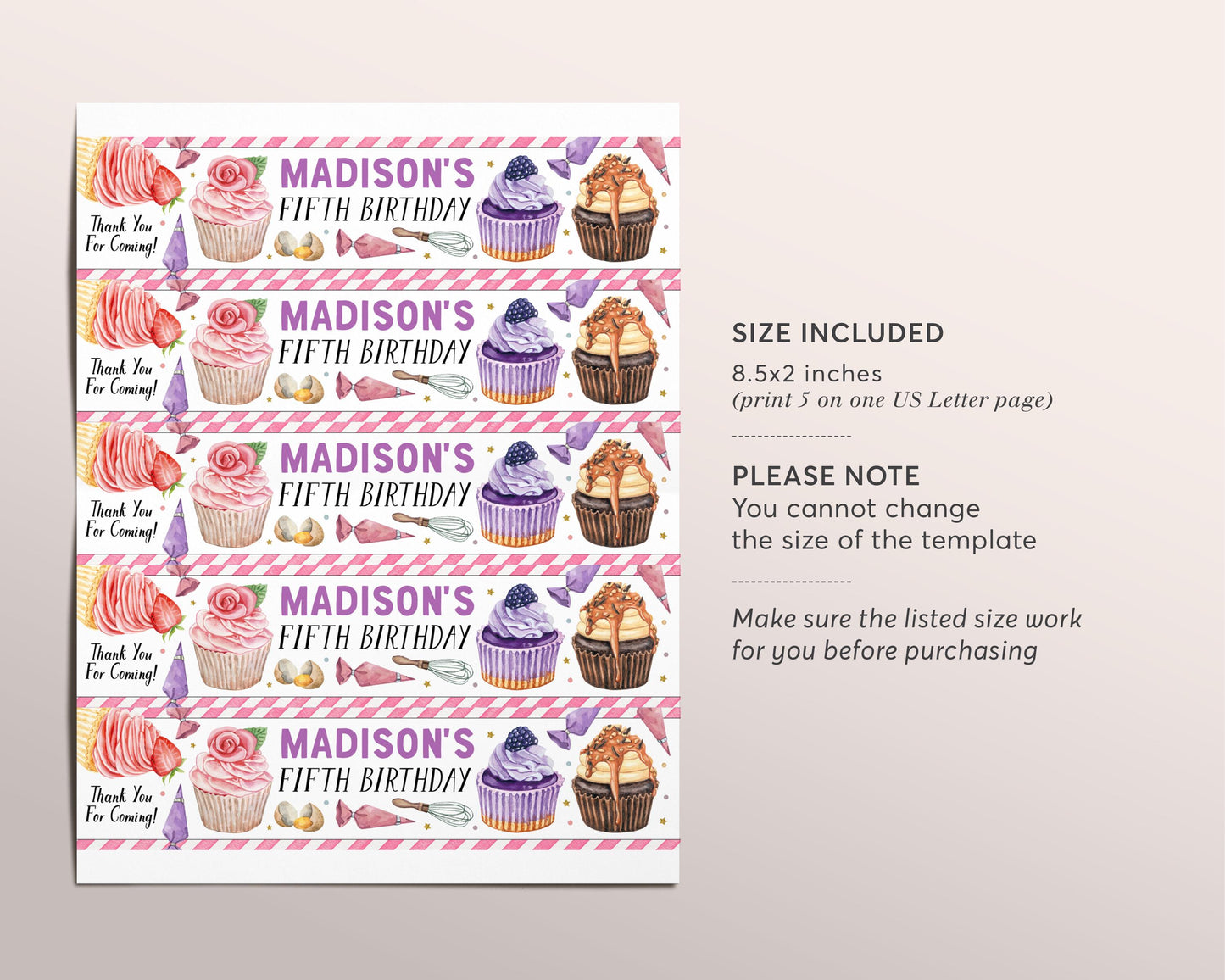 Cupcake Decorating Water Bottle Labels Editable Template, Cupcake Wars Birthday Bottle Wrapper Drink Tags, Baking Chef Bake Bottle Wrap