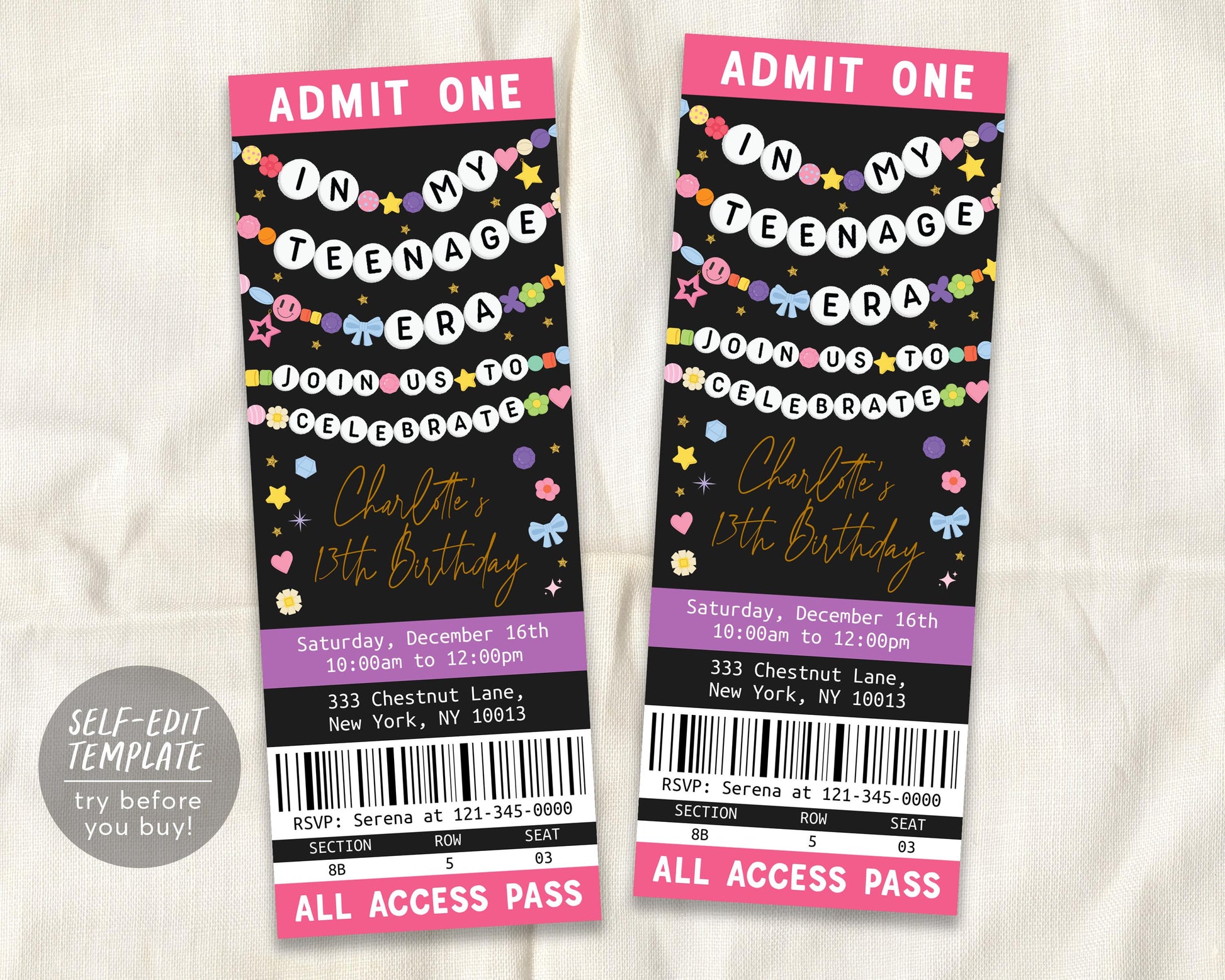 In My Teenage Era Ticket Invitation Editable Template