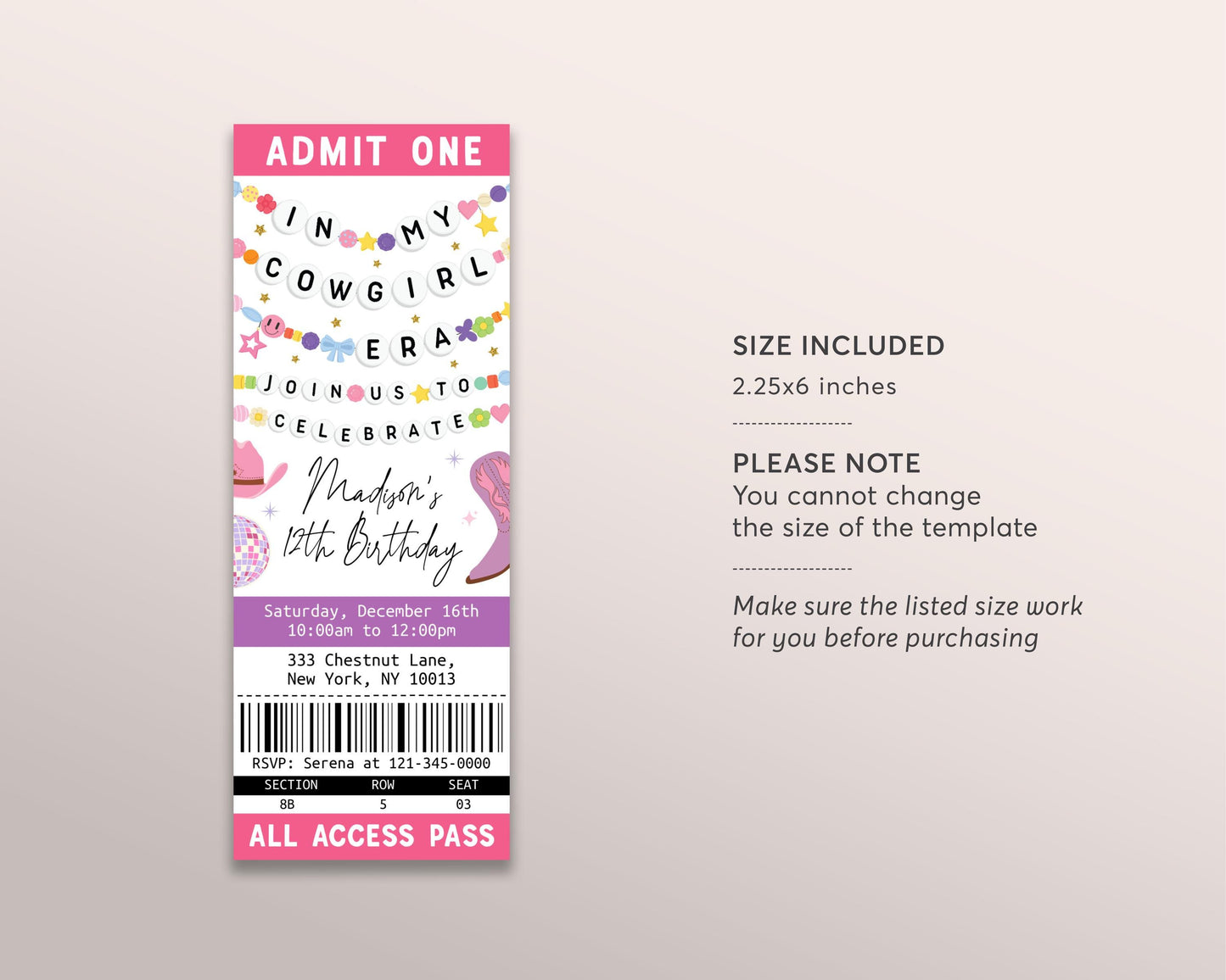In My Cowgirl Era Ticket Invitation Editable Template, Country Girl Birthday Era Friendship Bracelet Party Invite, Rodeo Western Eras Evite