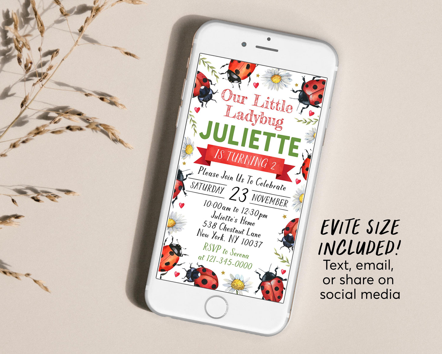 Ladybug Birthday Invitation With Photo Editable Template, Girl Our Little Lady Party Invite, Kids Love Bug Hunt Garden Nature Ladybird Evite