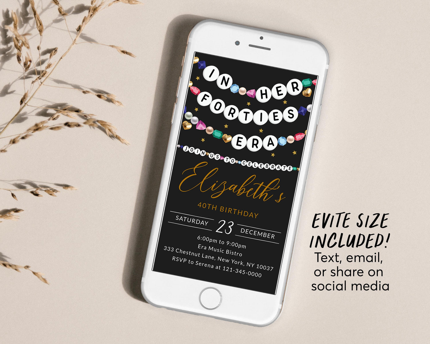 In My Forties Era Invitation With Photo Editable Template, Friendship Bracelet Party Invite, 40th Birthday Girl Eras Music Black Gold Evite