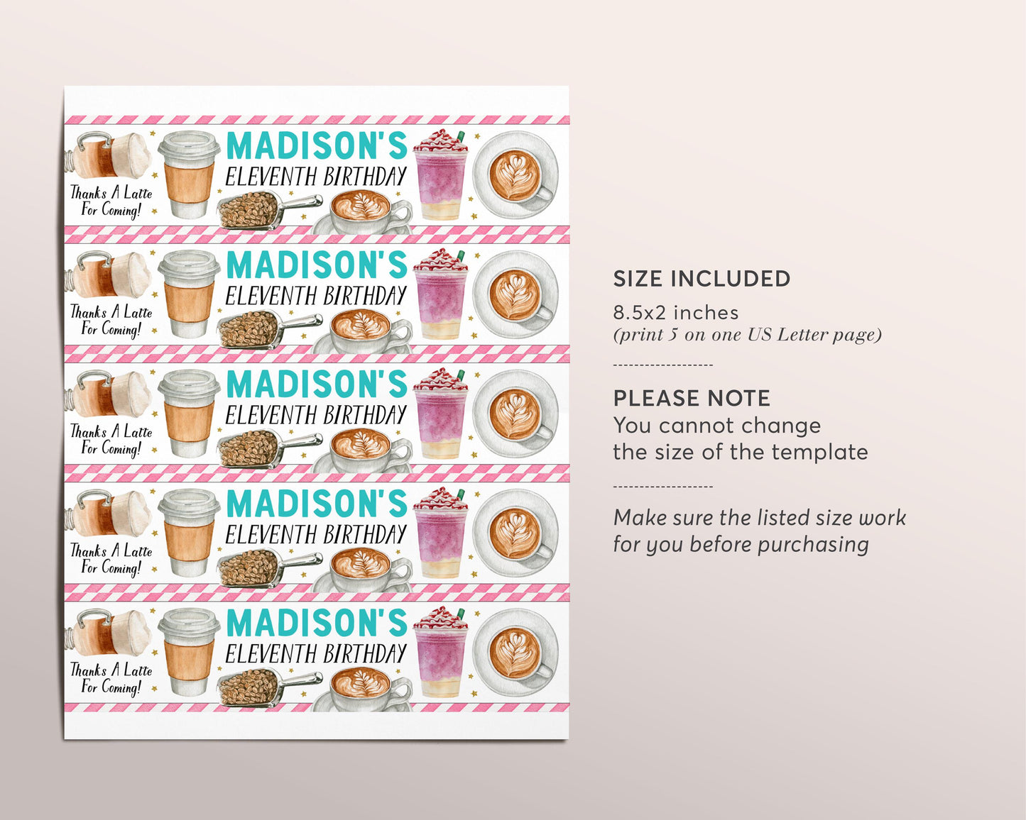 Coffee Shop Water Bottle Labels Editable Template, Pink Latte Fun Birthday Party Bottle Wrapper Drink Tags, Cafe Frappuccino Frappe Wrap