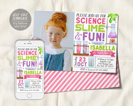 Science Slime Birthday Invitation With Photo Editable Template, Girl Scientist Slime Experiment Party Invite, Professor Science Lab Evite