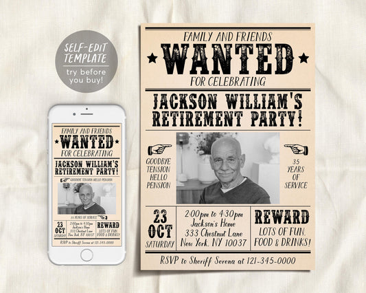 Retirement Wanted Poster Invitation Editable Template