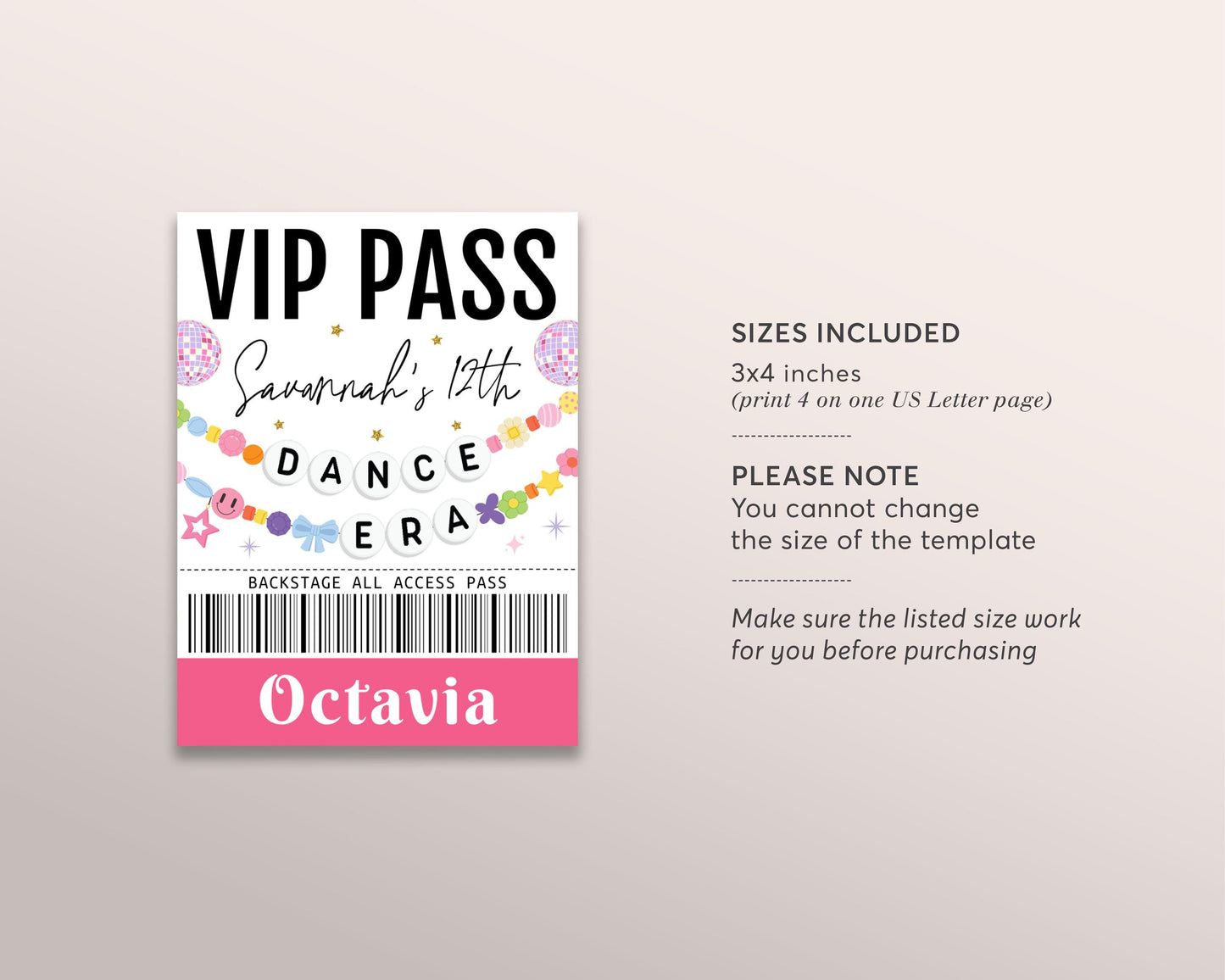 Dance Era VIP Pass Editable Template, Eras Dance Friendship Bracelet Party Music Party VIP Badge, Disco Ball VIP Insert for Lanyard Ticket
