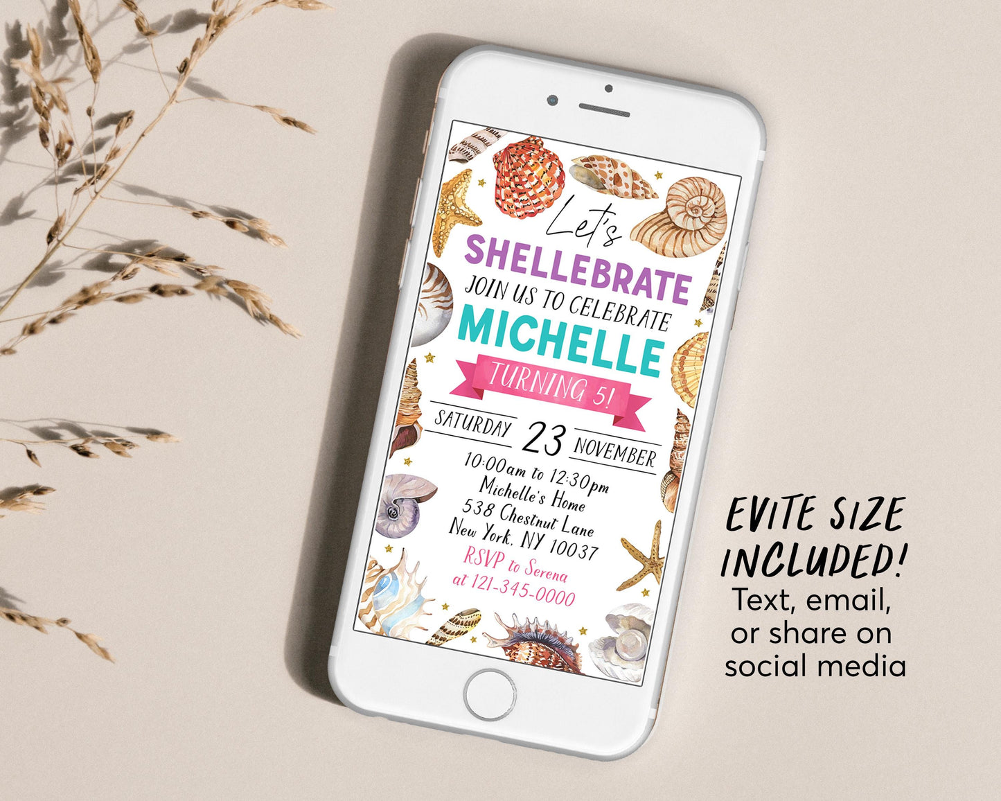 Seashell Birthday Invitation With Photo Editable Template, Girl Let's Shellebrate Sea Shell Theme Invite, Under The Sea Coastal Beach Evite