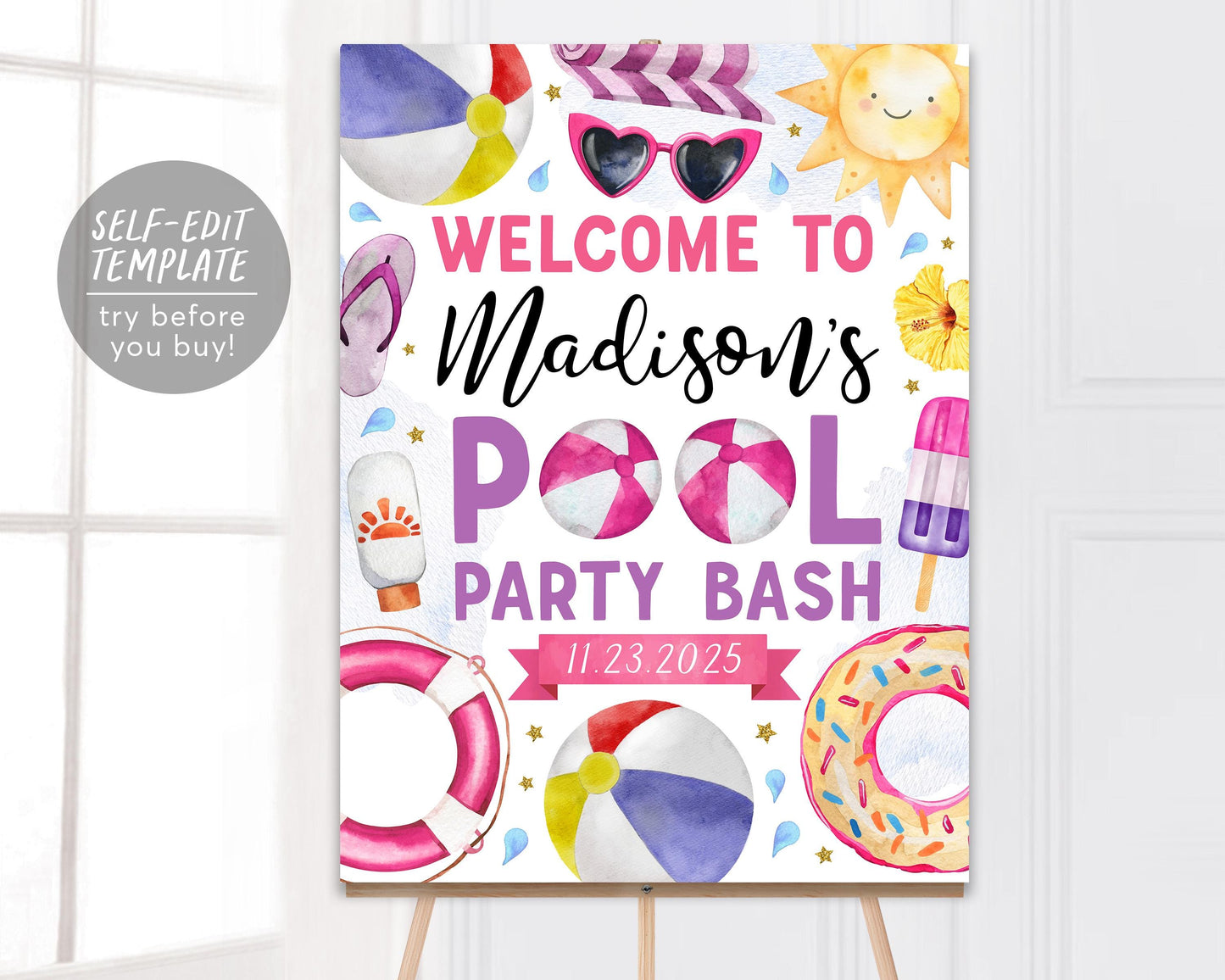 Pool Party Birthday Welcome Sign Editable Template