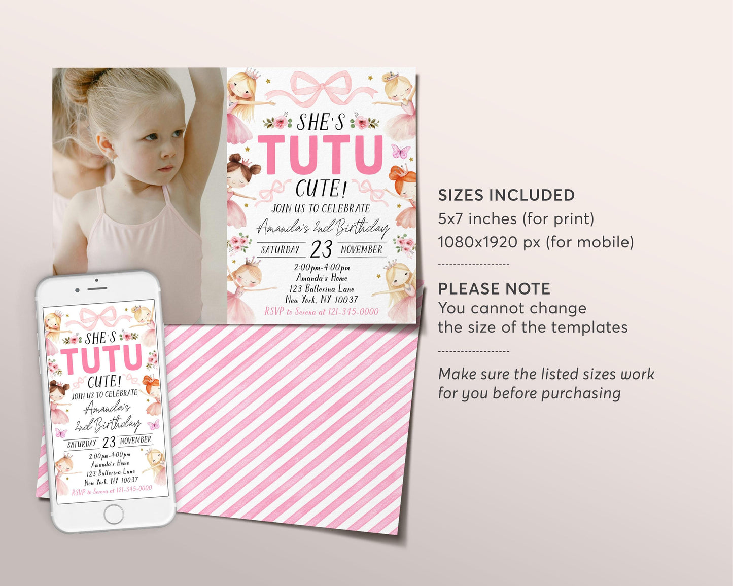 Tutu Cute 2nd Birthday Invitation With Photo Editable Template, Our Little Ballerina Second Birthday Invite, Pink Ballet Dance Floral Evite