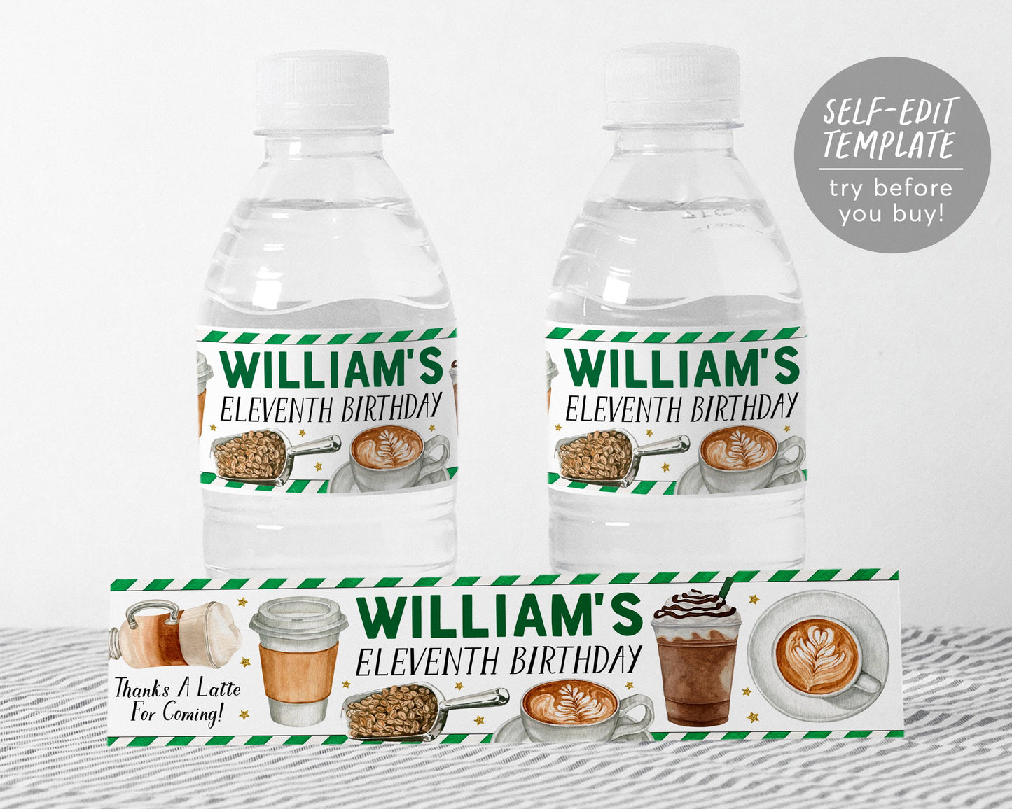 Coffee Shop Water Bottle Labels Editable Template