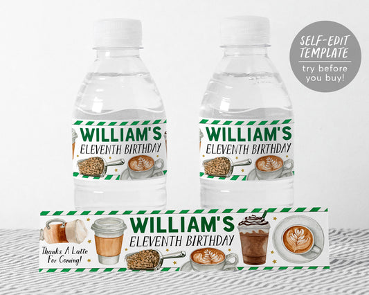 Coffee Shop Water Bottle Labels Editable Template