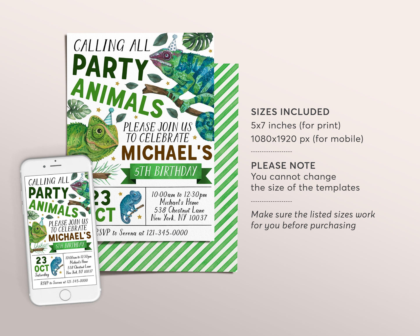 Chameleon Birthday Invitation Editable Template, Boy Reptile Lizard Party Animal Invite, Kids Chameleons Theme Nature Jungle Party Hat Evite