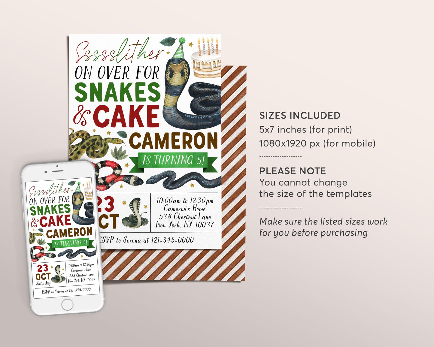 Snake Birthday Invitation Editable Template, Boy Snake And Cake Nature Theme Party Invite, Kids Slither On Over Reptile Show Outdoor Evite