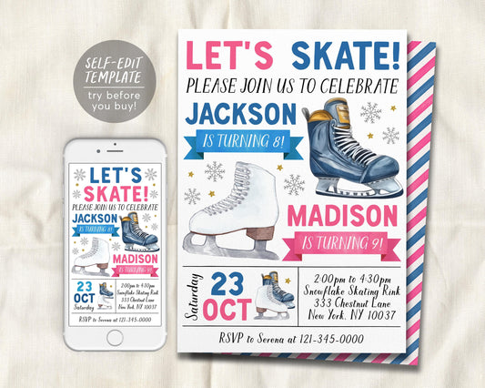 Ice Skating Joint Siblings Birthday Invitation Editable Template