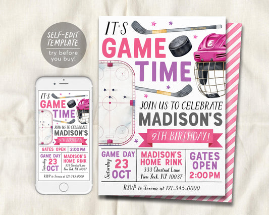 Ice Hockey Birthday Invitation Editable Template