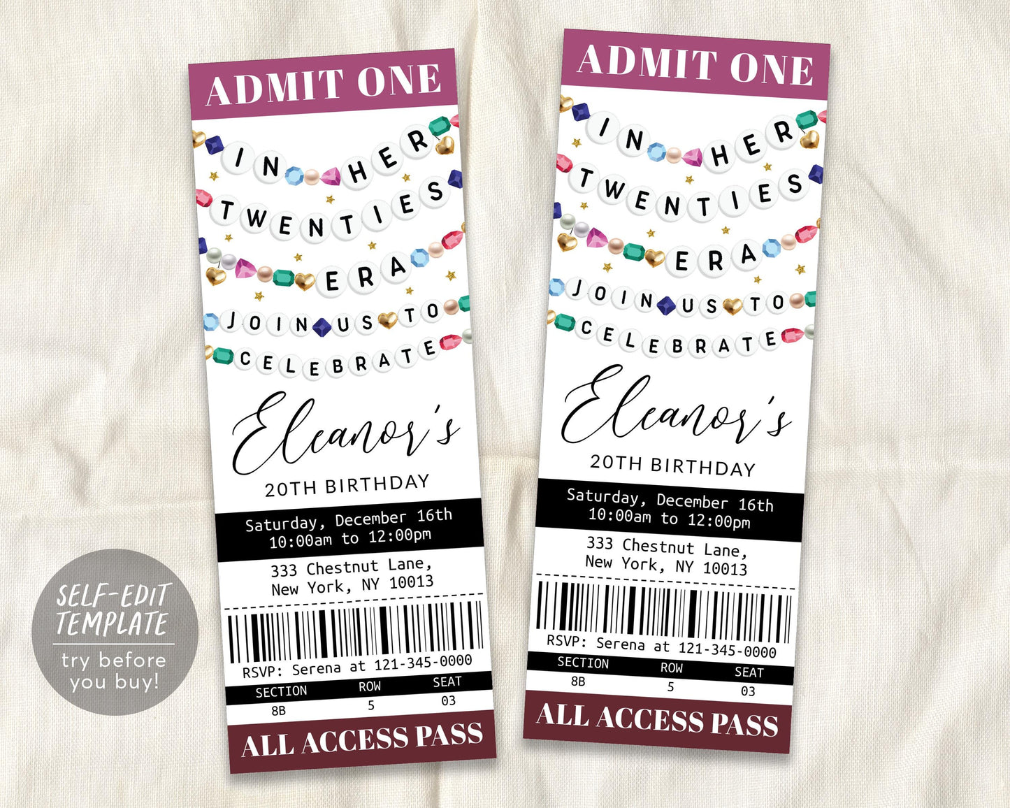 In My Twenties Era Ticket Invitation Editable Template