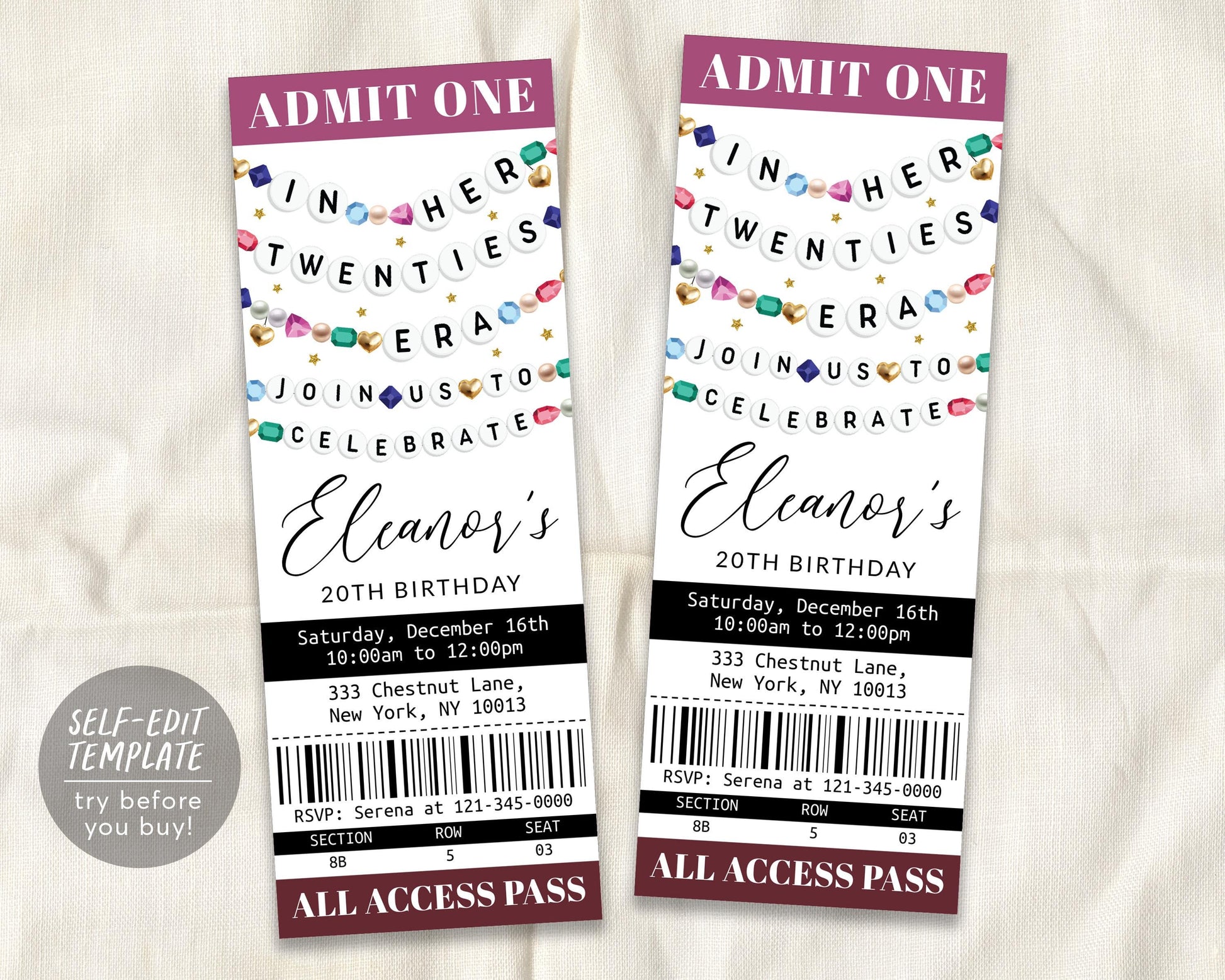 In My Twenties Era Ticket Invitation Editable Template