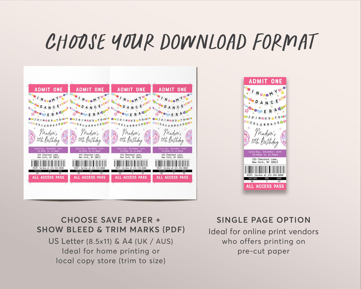 In My Dance Era Ticket Invitation Editable Template, Friendship Bracelet Birthday Era Party Invite, Girl Eras Party Disco Ball Music Evite