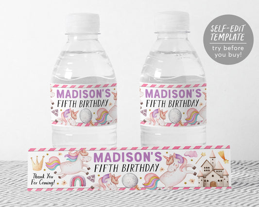 Unicorn Water Bottle Labels Editable Template