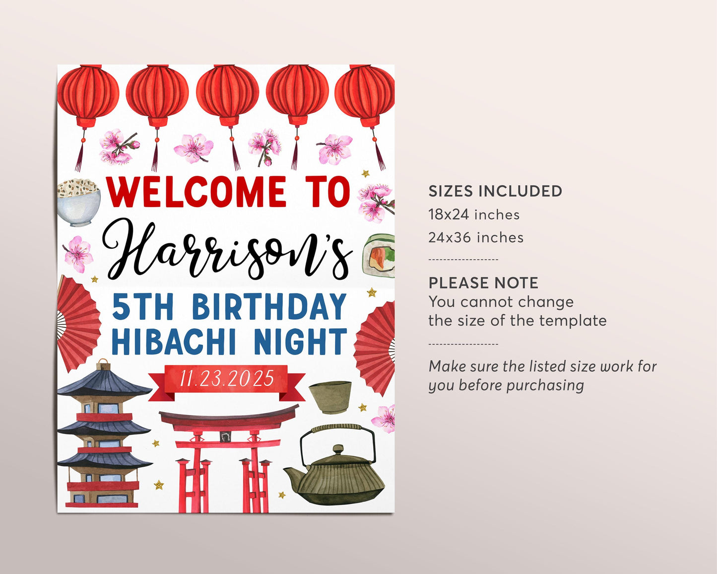 Hibachi Birthday Welcome Sign Editable Template, Hibachi Japanese Restaurant Party Poster, Japan BBQ Dinner For Kids And Adults Asian Decor