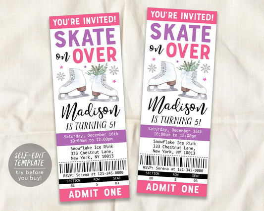 Ice Skating Birthday Ticket Invitation Editable Template