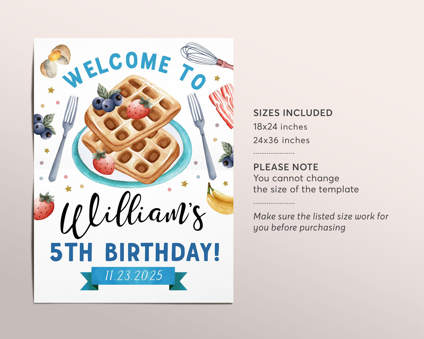 Waffles and Pajamas Birthday Welcome Sign Editable Template, Boy Waffle And PJs Party Poster, Kids Breakfast Brunch Slumber Party Banner