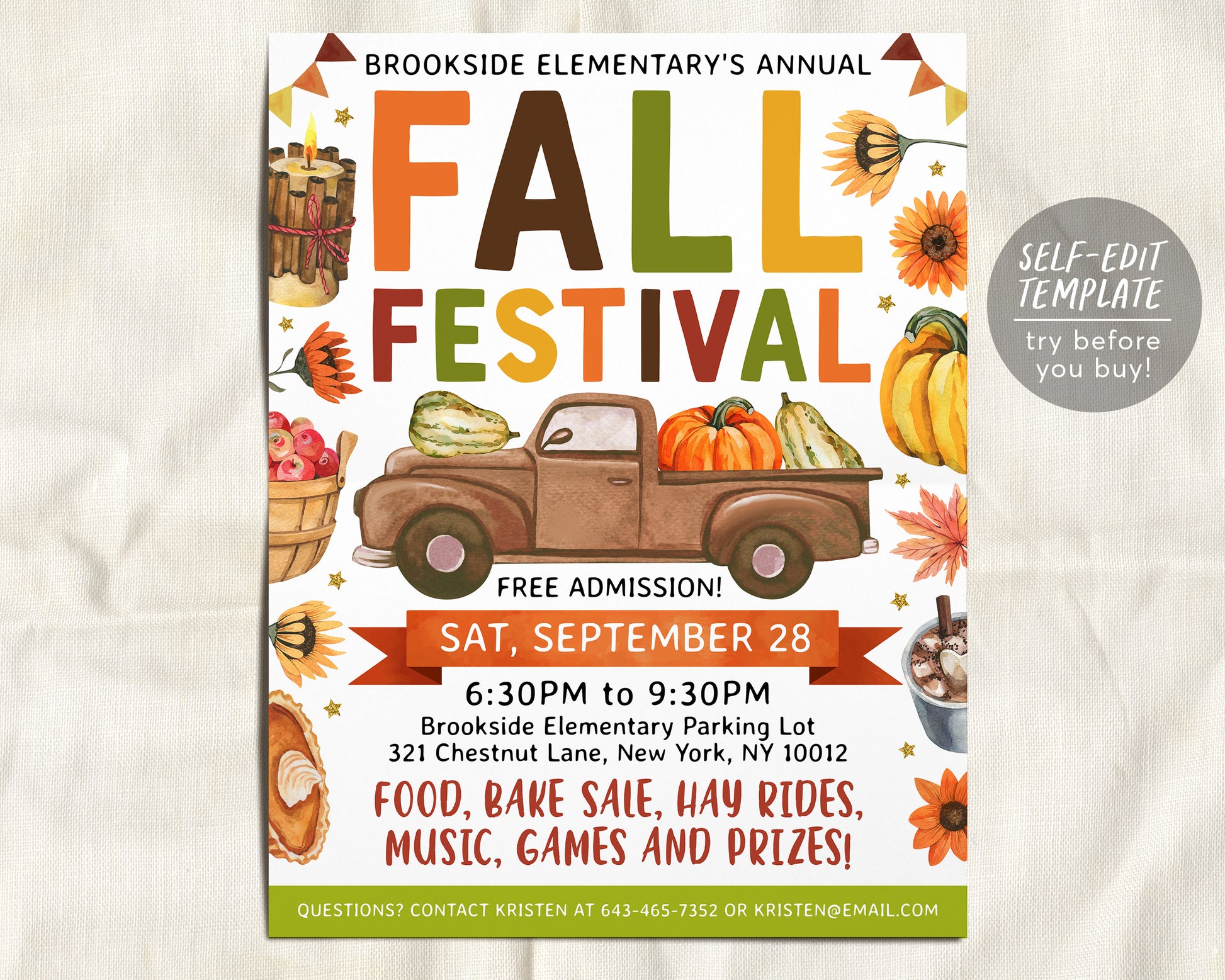 a flyer for a fall festival with a truck and pumpkins