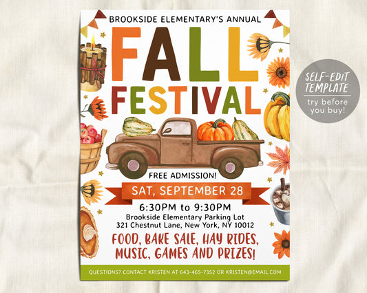 a flyer for a fall festival with a truck and pumpkins