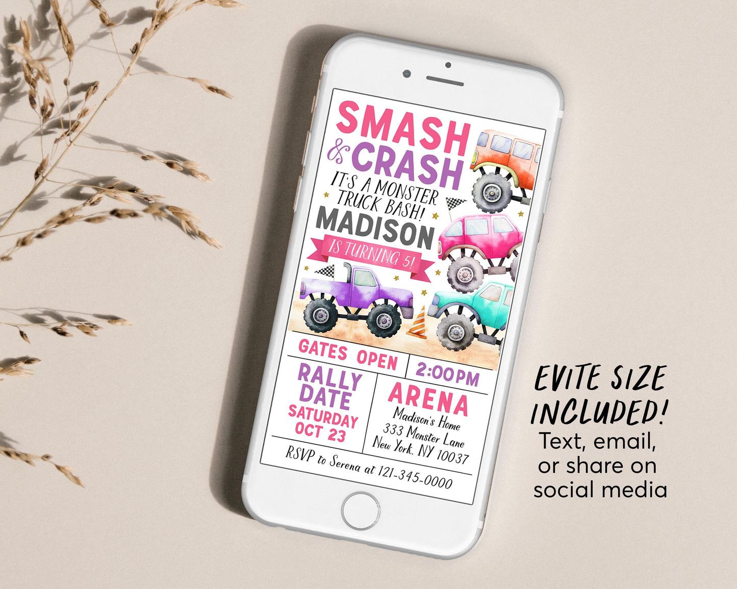 Monster Truck Birthday Invitation Editable Template, Girl It's A Monster Truck Bash Invite, Smash And Crash Party Evite Any Age Printable