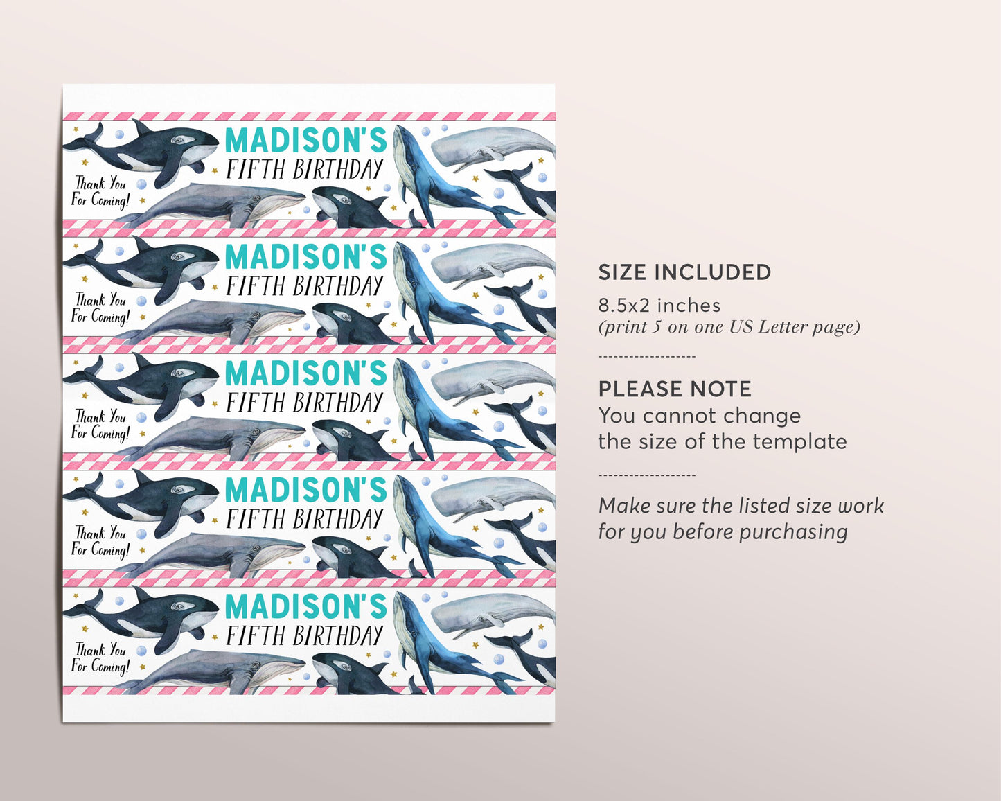 Whale Water Bottle Labels Editable Template, Girl Under The Sea Pool Party Birthday Party Drink Wrapper Tags, Ocean Water Bottle Wraps