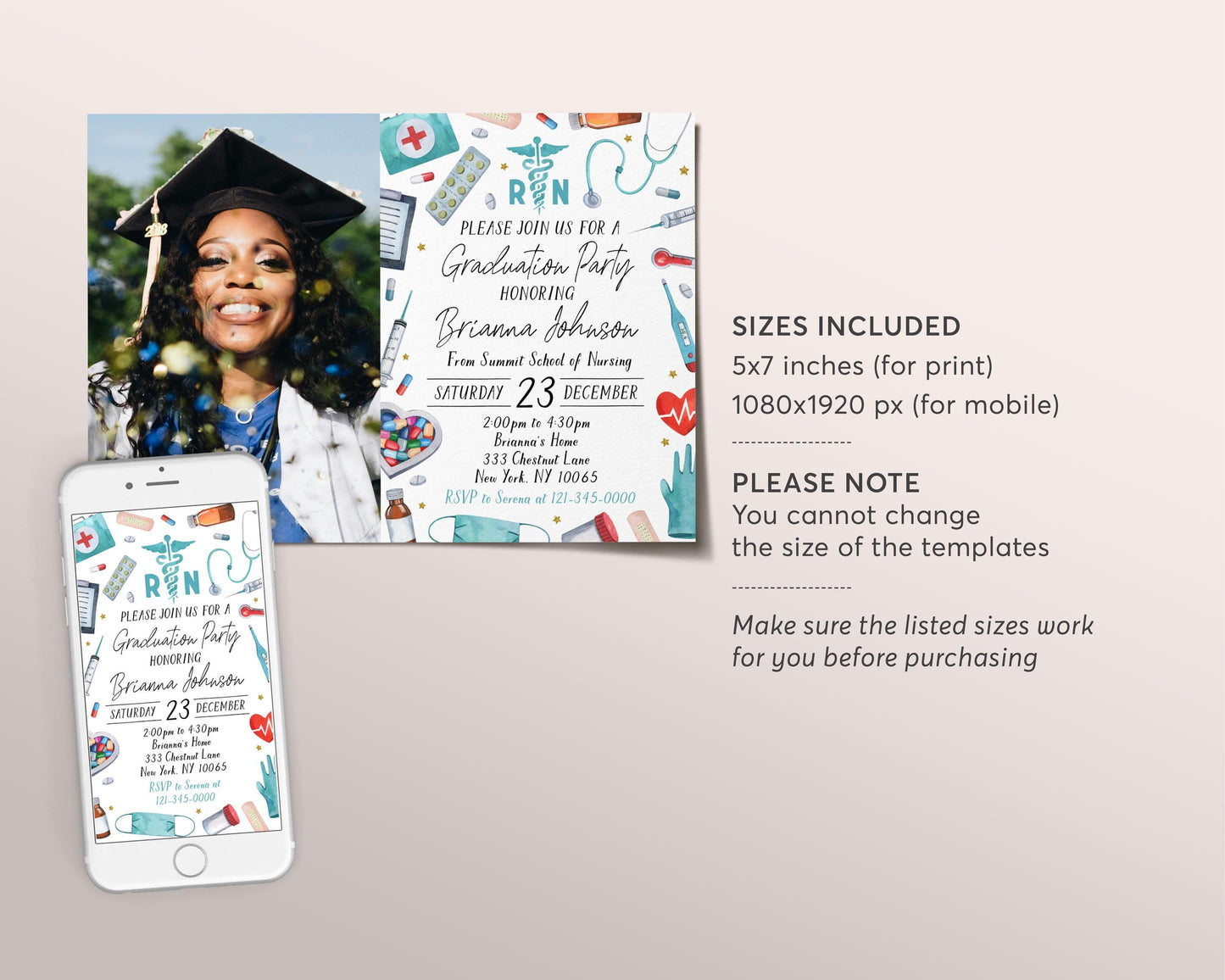 Nursing School Graduation Invitation With Photo Editable Template, Nurse RN Grad Announcement Party Invite Registered Nurse Pinning Ceremony