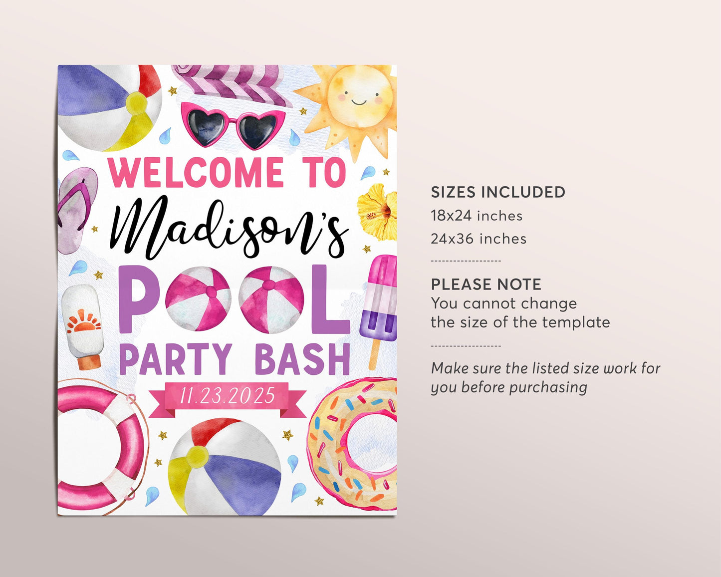 Pool Party Birthday Welcome Sign Editable Template, Girl Summer Tropical Swimming Pool Party Bash Poster, Splish Splash End Of School Decor