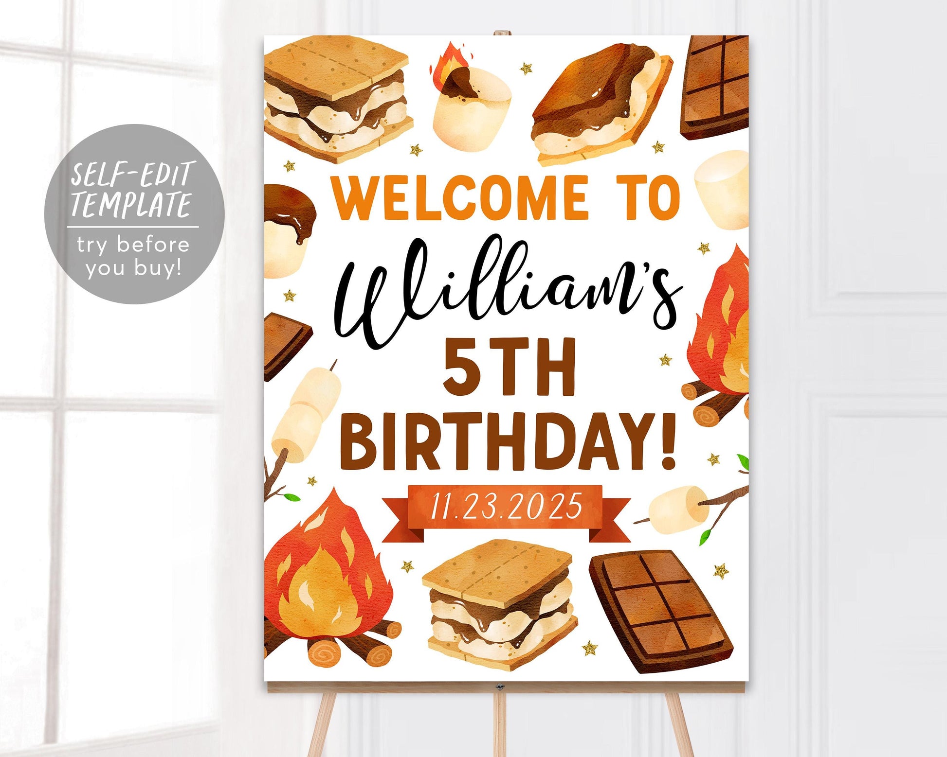 S&#39;mores Birthday Welcome Sign Editable Template