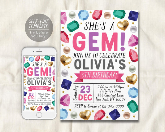 Gems Birthday Invitation Editable Template, She's A Gem Party Invite, Gemstones Geode Rocks Crystal Themed Our Little Gem Gemology Evite